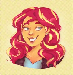 Size: 590x610 | Tagged: source needed, safe, artist:liviedoesart, derpibooru import, sunset shimmer, human, equestria girls, bust, clothes, g4, image, png, smiling, solo