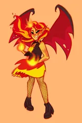 Size: 1274x1911 | Tagged: source needed, safe, artist:liviedoesart, derpibooru import, sunset shimmer, equestria girls, clothes, dress, fire, fishnets, g4, image, jpeg, simple background, smiling, solo, sunset satan, wings