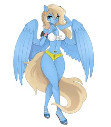 Size: 2800x3200 | Tagged: suggestive, artist:nosferatucami_, derpibooru import, oc, oc:lusty symphony, anthro, pegasus, agent alabastor amril, beautiful, beautisexy, breasts, clothes, ear piercing, earring, image, jewelry, midriff, music player, nudity, partial nudity, piercing, png, sandals, sexy, shorts, solo, spread wings, tattoo, wings, womb tattoo