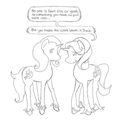 Size: 750x750 | Tagged: safe, artist:weebitpsychic, derpibooru import, starlight glimmer, trixie, pony, unicorn, duo, female, horn, image, jpeg, lesbian, looking at each other, looking at someone, monochrome, shipping, smiling, smiling at each other, startrix, text