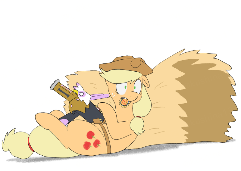 Size: 1033x733 | Tagged: safe, artist:kushina13, derpibooru import, applejack, gilda, earth pony, pony, custom, female, gun, gunified, haystack, image, inanimate tf, lying down, mare, mouth hold, on back, png, simple background, solo, transformation, weapon, white background
