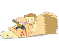 Size: 1033x733 | Tagged: safe, artist:kushina13, derpibooru import, applejack, gilda, earth pony, pony, custom, female, gun, gunified, haystack, image, inanimate tf, lying down, mare, mouth hold, on back, png, simple background, solo, transformation, weapon, white background