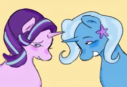 Size: 750x514 | Tagged: safe, artist:weebitpsychic, derpibooru import, starlight glimmer, trixie, pony, unicorn, bust, duo, female, horn, image, jpeg, lesbian, looking at each other, looking at someone, shipping, simple background, smiling, smiling at each other, startrix, yellow background