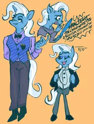 Size: 1481x1945 | Tagged: safe, artist:riptyde164, derpibooru import, trixie, anthro, unicorn, bowtie, clothes, horn, image, jpeg, pants, simple background, smiling, smirk, solo, suit, text, yellow background
