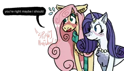 Size: 1018x586 | Tagged: safe, artist:spooky-narwhal, derpibooru import, part of a set, fluttershy, rarity, pegasus, pony, unicorn, blushing, chest fluff, clothes, duo, freckles, heart, heart eyes, horn, image, jewelry, necklace, png, scarf, simple background, text, transparent background, wingding eyes