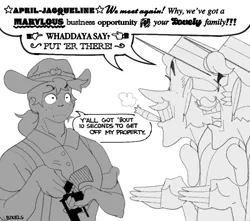 Size: 902x799 | Tagged: safe, artist:bixels, derpibooru import, applejack, flam, flim, human, applejack is not amused, black and white, brothers, cigar, dialogue, female, flim flam brothers, grayscale, grin, gun, hand out, handgun, humanized, image, male, monochrome, open mouth, png, revolver, shit eating grin, siblings, smiling, smoking, speech bubble, the grand galloping 20s, trio, unamused, weapon