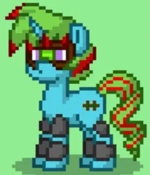 Size: 439x512 | Tagged: safe, artist:blackblade360, derpibooru import, oc, oc:sharpeye, pony, unicorn, fallout equestria, armor, armored pony, ashes town, blue coat, blue skin, cutie mark, goggles, green mane, horn, image, pixel art, png, purple eyes, standing, tail, two toned mane, two toned tail, unicorn oc