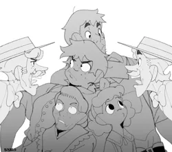 Size: 902x799 | Tagged: safe, artist:bixels, derpibooru import, apple bloom, applejack, big macintosh, flam, flim, granny smith, human, apple family, black and white, brother and sister, brothers, cane, female, flim flam brothers, grayscale, humanized, image, male, monochrome, open mouth, personal space invasion, png, siblings, simple background, the grand galloping 20s, tongue out, white background