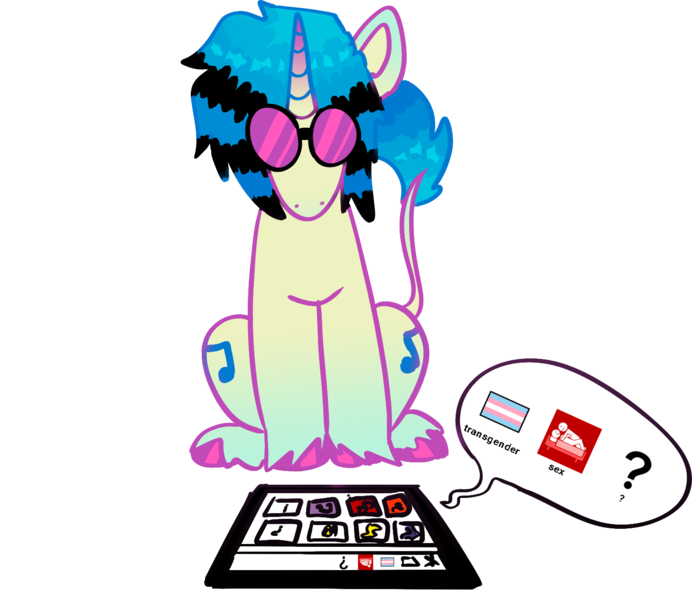 Size: 1458x1264 | Tagged: suggestive, artist:clandestine, derpibooru import, vinyl scratch, pony, unicorn, aac, aac device, autism, colored pinnae, coontails, cutie mark, derpibooru exclusive, female, g4, glasses, gradient fetlocks, gradient mane, gradient markings, gradient tail, hooves, horn, image, leaning forward, leg gradient, leonine tail, looking at you, looking forward, mare, messy mane, no mouth, png, pride, pride flag, question mark, simple background, sitting, solo, tablet, tail, trans vinyl, transgender, transgender pride flag, transparent background, two toned hair, unshorn fetlocks, vinyl's glasses