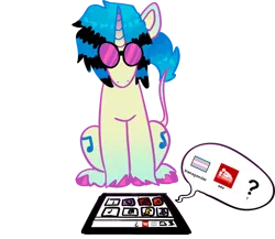 Size: 1458x1264 | Tagged: suggestive, artist:clandestine, derpibooru import, vinyl scratch, pony, unicorn, aac, aac device, autism, colored pinnae, coontails, cutie mark, derpibooru exclusive, female, g4, glasses, gradient fetlocks, gradient mane, gradient markings, gradient tail, hooves, horn, image, leaning forward, leg gradient, leonine tail, looking at you, looking forward, mare, messy mane, no mouth, png, pride, pride flag, question mark, simple background, sitting, solo, tablet, tail, trans vinyl, transgender, transgender pride flag, transparent background, two toned hair, unshorn fetlocks, vinyl's glasses