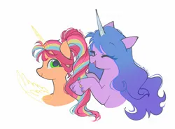 Size: 2048x1504 | Tagged: safe, artist:petaltwinkle, derpibooru import, izzy moonbow, sunny starscout, alicorn, pony, unicorn, g5, my little pony: a new generation, alternate hairstyle, artificial alicorn, artificial horn, artificial wings, augmented, bracelet, colored horn, curly mane, duo, duo female, eye clipping through hair, eyebrows, eyebrows visible through hair, eyelashes, eyes closed, female, gradient mane, green eyes, horn, image, jewelry, jpeg, long mane, looking back, magic, magic horn, magic wings, mane stripe sunny, mare, open mouth, open smile, orange coat, ponytail, porn, profile, purple coat, race swap, signature, simple background, smiling, sunnycorn, tied mane, unicorn horn, unshorn fetlocks, white background, wingding eyes, wings
