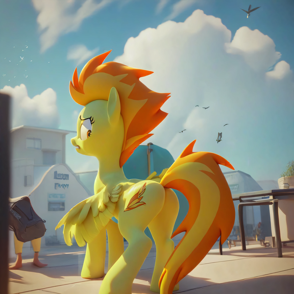 Size: 4096x4096 | Tagged: prompter needed, source needed, safe, ai content, derpibooru import, machine learning generated, stable diffusion, spitfire, human, pegasus, pony, butt, embarrassed, featureless crotch, generator:pony diffusion v6 xl, image, looking back, outdoors, plot, png, we don't normally wear clothes