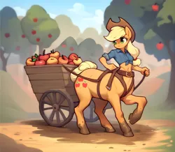 Size: 2352x2048 | Tagged: safe, ai content, derpibooru import, machine learning generated, prompter:goodman3, applejack, centaur, earth pony, pony, taur, apple, apple tree, belly button, cart, centaurified, female, food, front knot midriff, harness, high res, image, mare, midriff, png, ponytaur, solo, species swap, tack, tree