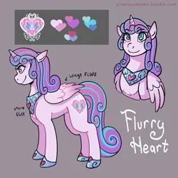 Size: 2166x2166 | Tagged: safe, artist:overlordneon, derpibooru import, princess flurry heart, alicorn, pony, bust, eyebrows, eyebrows visible through hair, female, gray background, hoof shoes, image, jpeg, mare, name, older, older flurry heart, peytral, princess shoes, reference sheet, simple background, smiling, solo