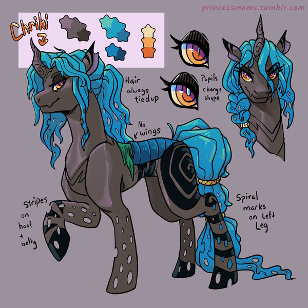 Size: 2166x2166 | Tagged: safe, artist:overlordneon, derpibooru import, oc, oc:chriki, unofficial characters only, changeling, bust, changeling oc, female, high res, image, jpeg, name, offspring, parent:queen chrysalis, raised hoof, reference sheet, smiling, solo, text