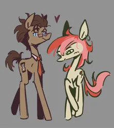 Size: 1815x2042 | Tagged: safe, artist:ubiquitousdeer, derpibooru import, doctor whooves, roseluck, time turner, earth pony, pony, doctorrose, duo, ear piercing, earring, female, g4, glasses, gray background, image, jewelry, jpeg, male, mare, necktie, piercing, shipping, simple background, stallion, straight