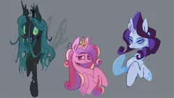 Size: 2048x1152 | Tagged: safe, artist:ubiquitousdeer, derpibooru import, princess cadance, queen chrysalis, rarity, alicorn, changeling, changeling queen, pony, unicorn, fangs, female, g4, gray background, horn, image, jewelry, jpeg, mare, necklace, regalia, simple background