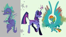 Size: 2048x1152 | Tagged: safe, artist:ubiquitousdeer, derpibooru import, rainbow dash, rarity, spike, twilight sparkle, twilight sparkle (alicorn), alicorn, dragon, pony, abstract background, colored wings, female, g4, image, jpeg, lesbian, magic, male, mare, shipping, spread wings, twidash, wings