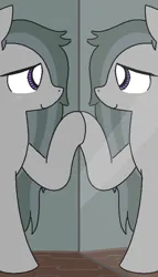 Size: 474x828 | Tagged: safe, artist:castafae, derpibooru import, marble pie, earth pony, pony, blushing, female, g4, hair over one eye, image, mare, messy mane, mirror, png, raised hoof, smiling, solo