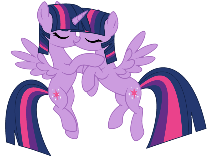 Size: 1955x1475 | Tagged: safe, artist:arina-gremyako, artist:twilyisbestpone, derpibooru import, twilight sparkle, twilight sparkle (alicorn), alicorn, pony, base used, derpibooru exclusive, duality, duo, duo female, eyes closed, female, flying, g4, image, kiss on the lips, kissing, lesbian, love, mare, pegasus wings, png, self paradox, self ponidox, selfcest, ship:twitwi, shipping, simple background, spread wings, transparent background, twolight, wings