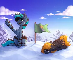 Size: 3000x2444 | Tagged: safe, artist:viryav, derpibooru import, oc, unofficial characters only, pegasus, pony, zebra, big eyes, blush lines, blushing, cloud, complex background, cutie mark, female, flag, fluffy, folded wings, happy, image, looking away, lying down, male, male oc, mare, mountain, png, sky, smiling, snow, snowfall, snowflake, sparkles, stallion, tired, tired eyes, wings, winning