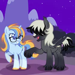 Size: 1440x1440 | Tagged: safe, artist:cosmichorrawr, derpibooru import, oc, oc:leger demain, unofficial characters only, pegasus, pony, unicorn, base used, duo, glasses, grin, hair over eyes, horn, image, jpeg, open mouth, open smile, pegasus oc, smiling, unicorn oc, wings