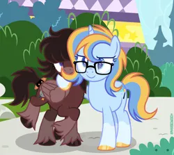 Size: 2522x2250 | Tagged: safe, artist:cosmichorrawr, derpibooru import, oc, unofficial characters only, pegasus, pony, unicorn, base used, brown coat, duo, glasses, hooves, horn, image, pegasus oc, png, unicorn oc, wings
