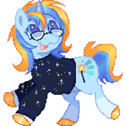 Size: 1200x1200 | Tagged: safe, artist:batsink, derpibooru import, oc, oc:leger demain, unofficial characters only, pony, unicorn, blue coat, blue eyes, blue mane, blue tail, clothes, cutie mark, gif, horn, image, open mouth, open smile, pixel art, simple background, smiling, solo, sweater, tail, transparent background, two toned mane, two toned tail, unicorn oc, yellow tail