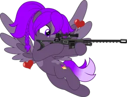 Size: 6515x5000 | Tagged: safe, artist:jhayarr23, derpibooru import, oc, oc:violet flame, pegasus, fallout equestria, blaze (coat marking), coat markings, commission, commissioner:solar aura, facial markings, gradient tail, gun, image, pegasus oc, png, ponytail, rifle, sniper, sniper rifle, tail, weapon, wings