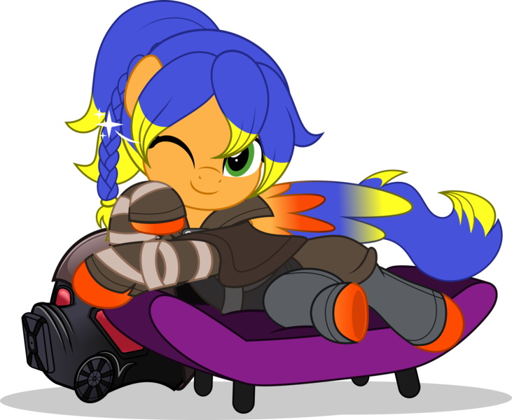 Size: 6088x5000 | Tagged: safe, artist:jhayarr23, derpibooru import, oc, oc:solar aura, pegasus, fallout equestria, armor, braid, colored wings, commission, commissioner:solar aura, couch, gradient hooves, gradient wings, helmet, image, ncr ranger, one eye closed, one eye open, pegasus oc, png, ponytail, ranger, wings, wink