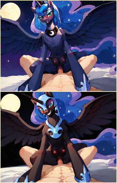 Size: 1454x2262 | Tagged: explicit, ai content, derpibooru import, machine learning assisted, machine learning generated, prompter:gullveigai, stable diffusion, nightmare moon, princess luna, oc, oc:anon, alicorn, human, pony, anatomically correct, bedroom eyes, belly button, blushing, crotchboobs, dark genitals, evil grin, female, female focus, g4, generator:pony diffusion v6 xl, grin, human on pony action, image, interspecies, looking at you, male, male pov, mare, nudity, offscreen character, offscreen male, penetration, penis, png, pov, sex, smiling, solo, solo female, solo focus, spread wings, tail, vaginal, vulva, wings