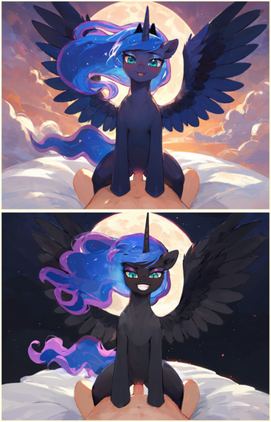 Size: 1166x1819 | Tagged: explicit, ai content, derpibooru import, machine learning assisted, machine learning generated, prompter:gullveigai, stable diffusion, nightmare moon, princess luna, oc, oc:anon, alicorn, human, pony, anatomically incorrect, bedroom eyes, belly button, blushing, evil grin, female, female focus, g4, generator:pony diffusion v6 xl, grin, human on pony action, image, interspecies, looking at you, male, male pov, mare, nudity, offscreen character, offscreen male, penetration, penis, png, pov, sex, smiling, solo, solo female, solo focus, spread wings, tail, vaginal, vulva, wings