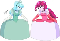 Size: 1280x869 | Tagged: safe, artist:denisseguadiana, derpibooru import, pinkie pie, oc, oc:jemimasparkle, human, equestria girls, alternate hairstyle, breasts, busty pinkie pie, canon x oc, choker, cinderella, clothes, curtsey, cute, diapinkes, dress, duo, female, g4, gown, grin, hairband, image, jpeg, lesbian, looking at each other, looking at someone, poofy shoulders, smiling, smiling at each other