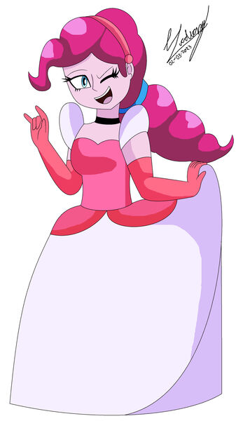 Size: 1280x2278 | Tagged: safe, artist:denisseguadiana, derpibooru import, pinkie pie, human, equestria girls, alternate hairstyle, breasts, busty pinkie pie, choker, cinderella, clothes, curtsey, cute, diapinkes, dress, evening gloves, female, g4, gloves, gown, hairband, image, jpeg, long gloves, looking at you, one eye closed, open mouth, open smile, poofy shoulders, smiling, smiling at you, solo, solo female, wink