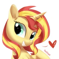 Size: 647x641 | Tagged: safe, artist:twiliset, derpibooru import, sunset shimmer, pony, unicorn, cute, gritted teeth, happy, heart, horn, image, looking at you, png, simple background, solo, teeth, white background