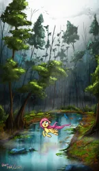 Size: 2811x4859 | Tagged: safe, artist:user-fox, derpibooru import, fluttershy, bird, pegasus, pony, cloud, cloudy, cute, eyes open, female, floppy ears, flower, forest, g4, grass, image, mare, nature, open mouth, open smile, png, river, smiling, solo, spread wings, tree, water, wings