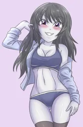 Size: 2188x3307 | Tagged: suggestive, artist:sumin6301, derpibooru import, octavia melody, human, equestria girls, 2d, belly button, blushing, breasts, busty octavia melody, cleavage, clothes, eyebrows, eyebrows visible through hair, female, g4, image, jpeg, legs, looking at you, midriff, shorts, smiling, smiling at you, socks, solo, sports bra, sports shorts, thigh highs, thighs