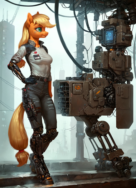 Size: 1024x1408 | Tagged: safe, ai content, derpibooru import, machine learning generated, prompter:star-dragon, stable diffusion, applejack, anthro, breasts, busty applejack, cybernetic arm, cybernetic eyes, cybernetic legs, cyberpunk, female, g4, generator:pony diffusion v6 xl, image, png, solo, solo female