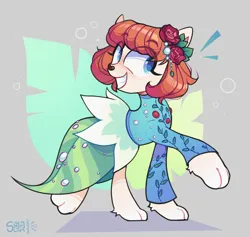 Size: 2780x2638 | Tagged: safe, artist:singingsun, derpibooru import, oc, unofficial characters only, earth pony, pony, abstract background, clothes, dress, flower, full body, image, paws, png, rose, smiling, solo