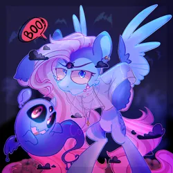 Size: 3000x3000 | Tagged: safe, artist:singingsun, derpibooru import, oc, unofficial characters only, ghost, pegasus, pony, undead, clothes, costume, duo, ear piercing, earring, female, halloween, halloween costume, holiday, image, jewelry, night, pegasus oc, piercing, png, scaring, wings