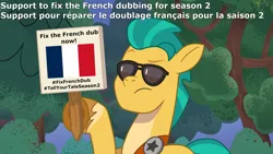 Size: 3410x1920 | Tagged: safe, derpibooru import, edit, edited screencap, screencap, hitch trailblazer, earth pony, pony, g5, my little pony: tell your tale, flag, french, hashtag, hoof hold, image, lost in translation (episode), male, png, rule 4 that, sign, solo, sunglasses, support