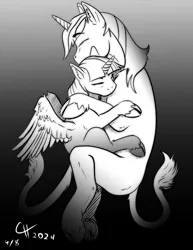 Size: 2550x3300 | Tagged: safe, artist:capt_hairball, derpibooru import, shining armor, twilight sparkle, twilight sparkle (alicorn), alicorn, classical unicorn, unicorn, brother and sister, cloven hooves, eyes closed, female, grayscale, horn, hug, image, leonine tail, love, male, monochrome, png, siblings, spread wings, unshorn fetlocks, wings