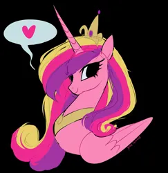 Size: 1987x2048 | Tagged: safe, artist:petaltwinkle, derpibooru import, princess cadance, alicorn, pony, black background, colored sketch, crown, curly mane, eyelashes, female, folded wings, g4, horn, image, jewelry, jpeg, long horn, long mane, looking back, mare, multicolored mane, no catchlights, peytral, pink coat, regalia, simple background, sketch, smiling, solo, speech bubble, tiara, unicorn horn, wings
