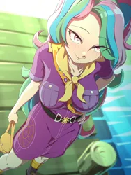 Size: 1200x1600 | Tagged: safe, artist:rockset, princess celestia, human, equestria girls, legend of everfree, adult, bag, beautiful, beautiful eyes, beautiful hair, belt, blushing, camp everfree outfits, clothes, eyebrows visible through hair, eyes visible through hair, female, hair over one eye, humanized, image, light skin, long hair, looking at you, png, principal celestia, scout uniform, smiling, smiling at you, solo, solo female, tricolored hair, young