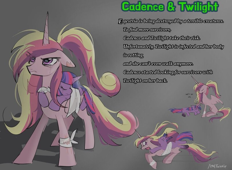 Size: 1440x1058 | Tagged: semi-grimdark, artist:petaltwinkle, derpibooru import, princess cadance, twilight sparkle, alicorn, pony, unicorn, bandage, bandaged leg, crying, desaturated, dialogue, duo, duo female, eye clipping through hair, eyes closed, female, folded wings, g4, gray background, green text, horn, image, infection, infection au, jpeg, long horn, lying down, mare, messy mane, messy tail, missing accessory, mlp infection, motion lines, multicolored mane, multicolored tail, narrowed eyes, pink coat, pink eyes, ponytail, purple coat, riding, running, shadow, sick, signature, simple background, sitting, size difference, standing, tail, text, tied mane, triality, unicorn horn, unicorn twilight, wings