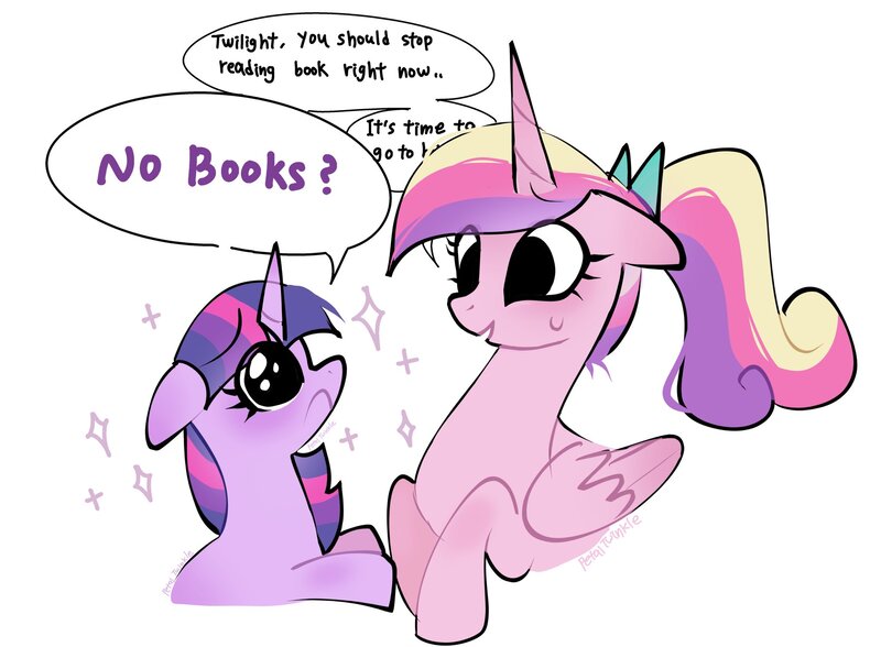 Size: 2048x1504 | Tagged: safe, artist:petaltwinkle, derpibooru import, princess cadance, twilight sparkle, alicorn, pony, unicorn, big eyes, book, cute, dialogue, duo, duo female, eye clipping through hair, eyebrows, eyebrows visible through hair, eyelashes, female, filly, filly twilight sparkle, floating eyebrows, folded wings, g4, horn, image, jpeg, long horn, long mane, looking at each other, looking at someone, mare, missing accessory, multicolored mane, no catchlights, open mouth, pink coat, ponytail, purple coat, purple mane, purple text, signature, simple background, sparkles, sparkly eyes, speech bubble, straight mane, sweat, sweatdrop, text, that pony sure does love books, tied mane, twiabetes, unicorn horn, unicorn twilight, white background, wingding eyes, wings, young cadance, younger