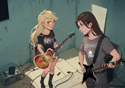 Size: 974x680 | Tagged: safe, ai content, derpibooru import, machine learning generated, prompter:hqdmusthave, applejack, human, equestria girls, background, big breasts, breasts, busty applejack, clothes, denim, denim skirt, duo, electric guitar, female, g4, guitar, image, long hair male, looking at you, male, metal, musical instrument, my little pony equestria girls: rainbow rocks, png, rock, skirt, smiling, standing, stupid sexy applejack