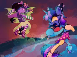 Size: 4667x3500 | Tagged: safe, artist:singingsun, derpibooru import, oc, unofficial characters only, pony, clothes, collaboration, dress, duo, duo female, female, flying, image, png, singing