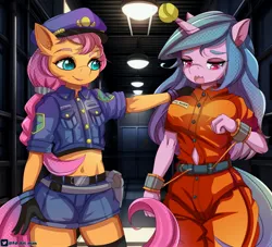 Size: 3300x3000 | Tagged: safe, artist:fd, derpibooru import, izzy moonbow, sunny starscout, anthro, g5, clothes, image, jpeg, prison, prison outfit