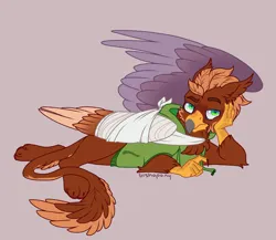 Size: 2300x2000 | Tagged: safe, artist:bishopony, derpibooru import, oc, oc:pavlos, gryphon, bandage, beak, bored, broken bone, broken wing, cast, cheek fluff, claws, clothes, colored wings, commission, eared griffon, griffon oc, hand on cheek, hoodie, image, injured, lying down, male, non-pony oc, png, simple background, sling, tail, wings